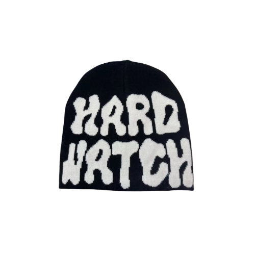 Black beanie with white text 'HARD WATCH' on a white background