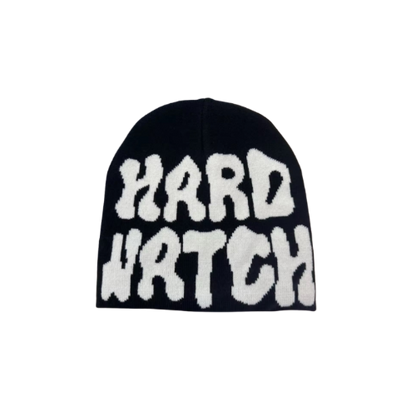 Black beanie with white text 'HARD WATCH' on a white background